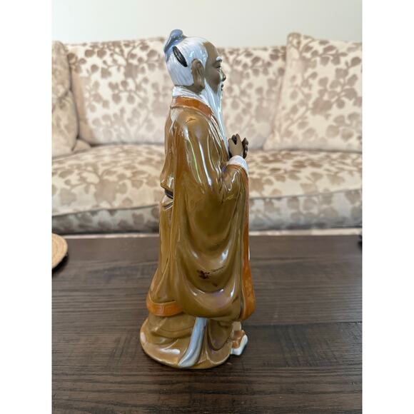 Chinese Shiwan Art Pottery Mudman Confucius with Walking Stick, 11.5” - Picture 3 of 8